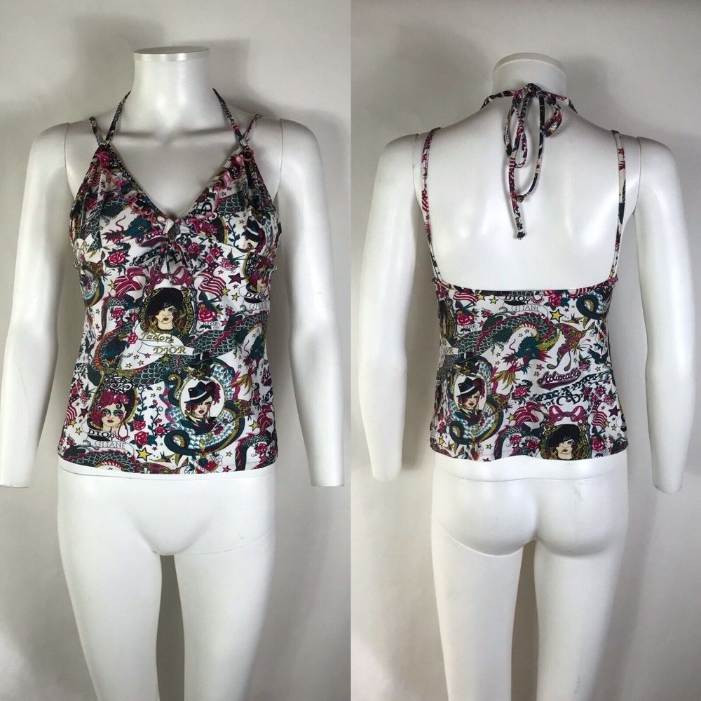 Rare Vtg Christian Dior by John Galliano 2004 Tattoo Print Top XL